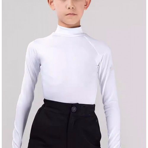 Boys kids black green grey latin dance shirts for children white turtle neck long sleeves waltz tango ballroom dancing tops for Boys